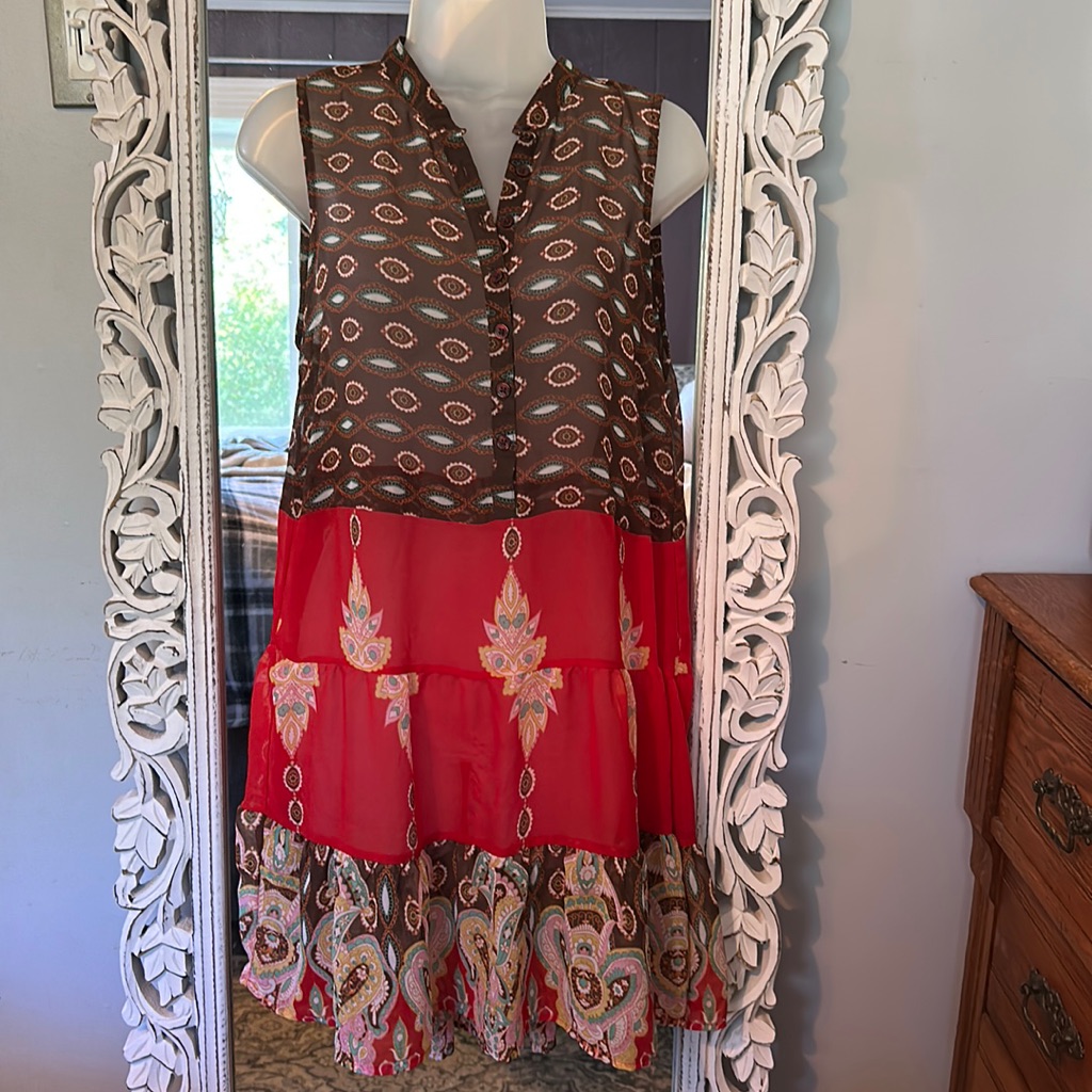 American Rag Brown And Red Sleeveless Tiered Boho Dress